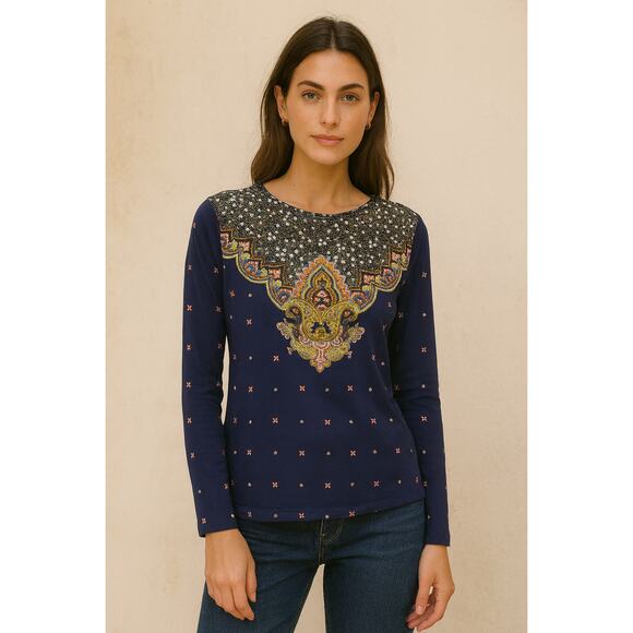 Talbots Paisley Jewel Print Long Sleeve Tee Navy Boho Embellished Top Size M - Picture 1 of 8